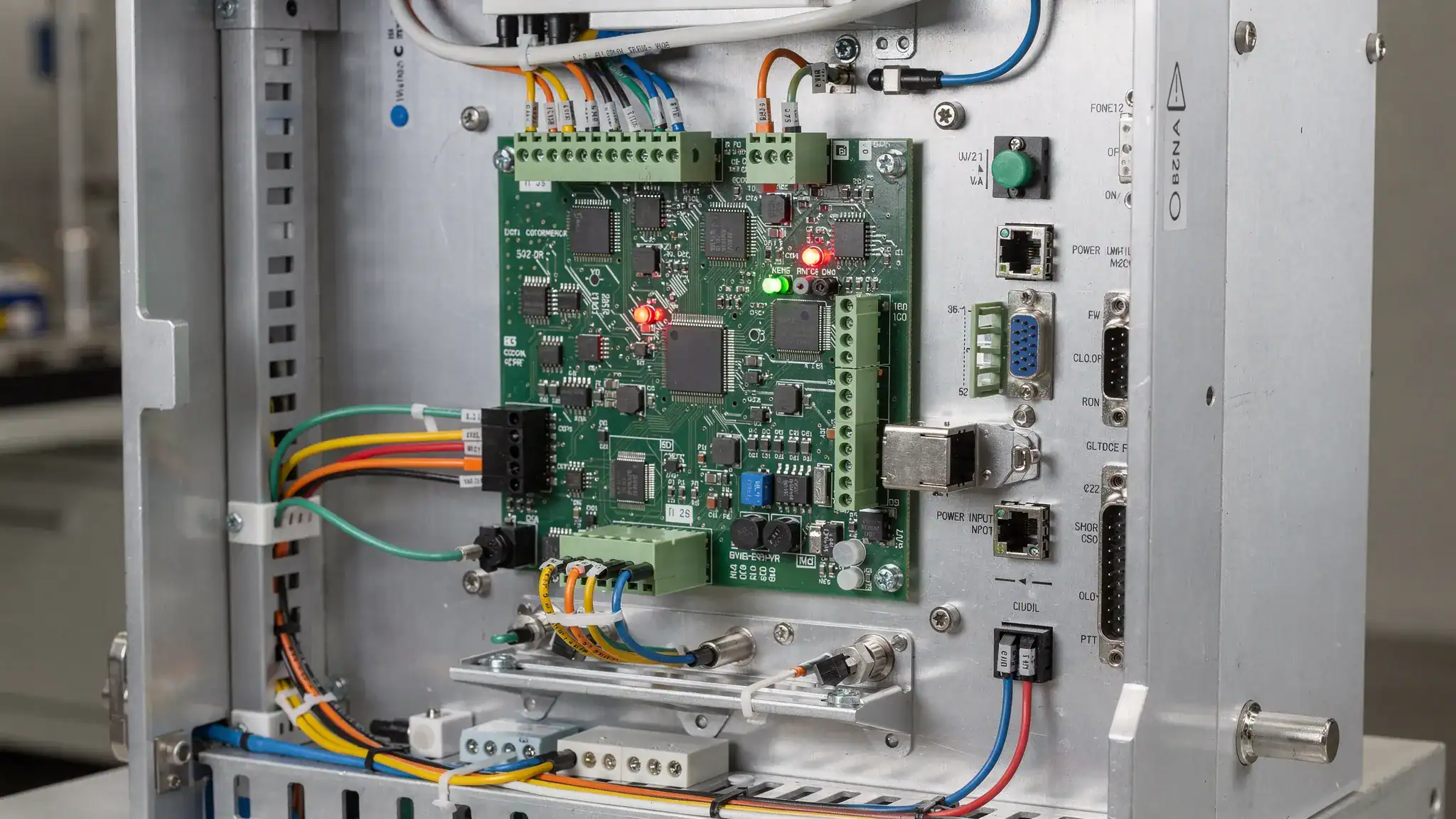 A compact embedded electronics assembly with a printed circuit board, connectors, wiring harnesses and an aluminium enclosure mounted inside an industrial machine, showing sensors, power input and communication interfaces integrated into one system.