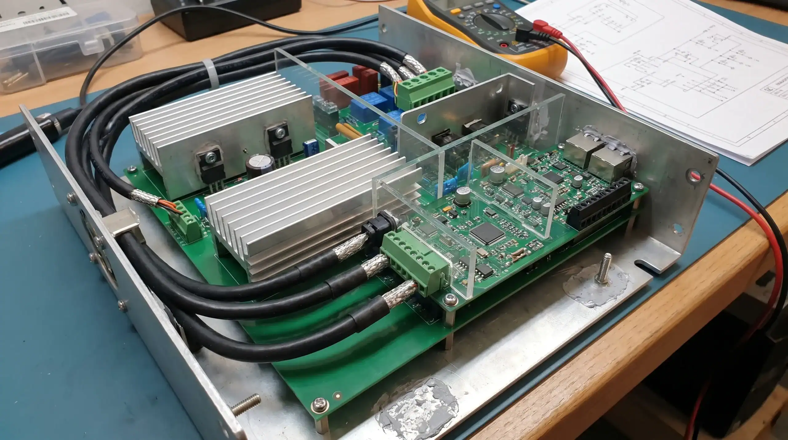 A robust embedded electronics assembly with a PCB, power components, connectors, cable interfaces and enclosure parts arranged to show thermal paths, signal separation and mechanical integration.