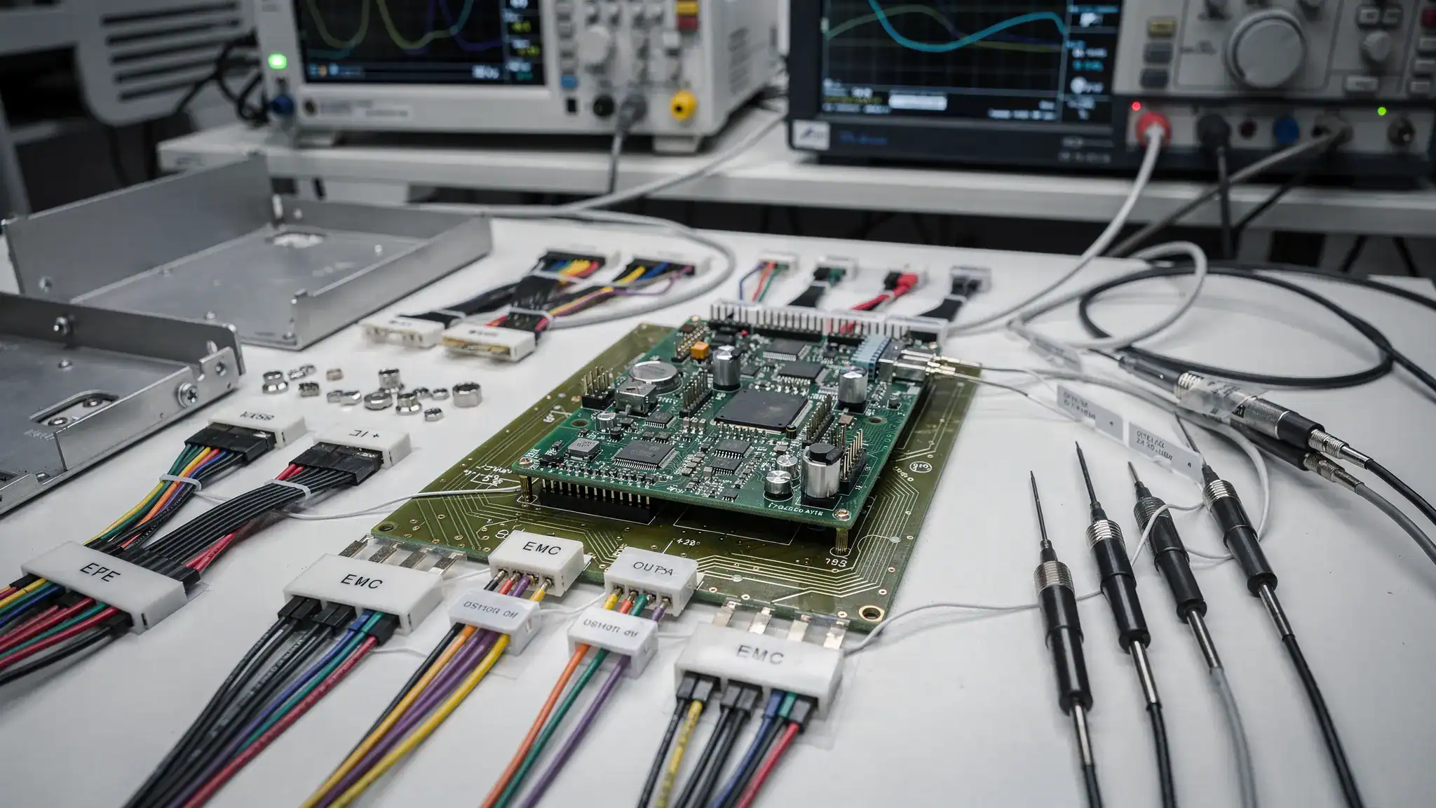 An electronics workbench with an embedded PCB, cable harnesses, enclosure parts, EMC probes and test instruments arranged for design verification and pre-compliance testing.
