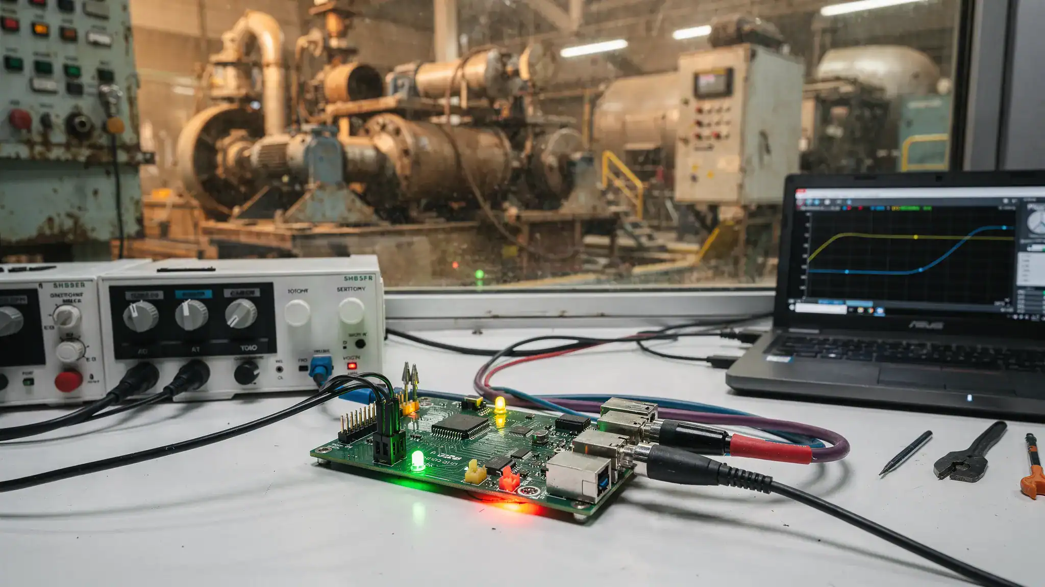 An embedded electronics prototype on a laboratory bench beside a rugged industrial machine environment, showing the contrast between controlled testing and real-world operating conditions.