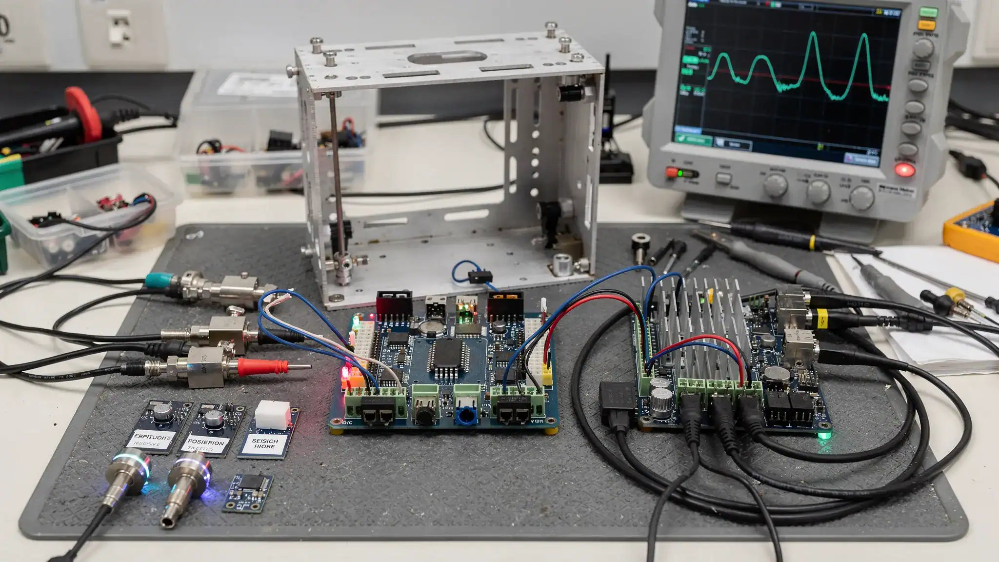 An engineering workbench with an embedded control board, connected sensors, motor drive electronics, measurement probes and a mechanical enclosure prototype arranged together to show integrated product development.