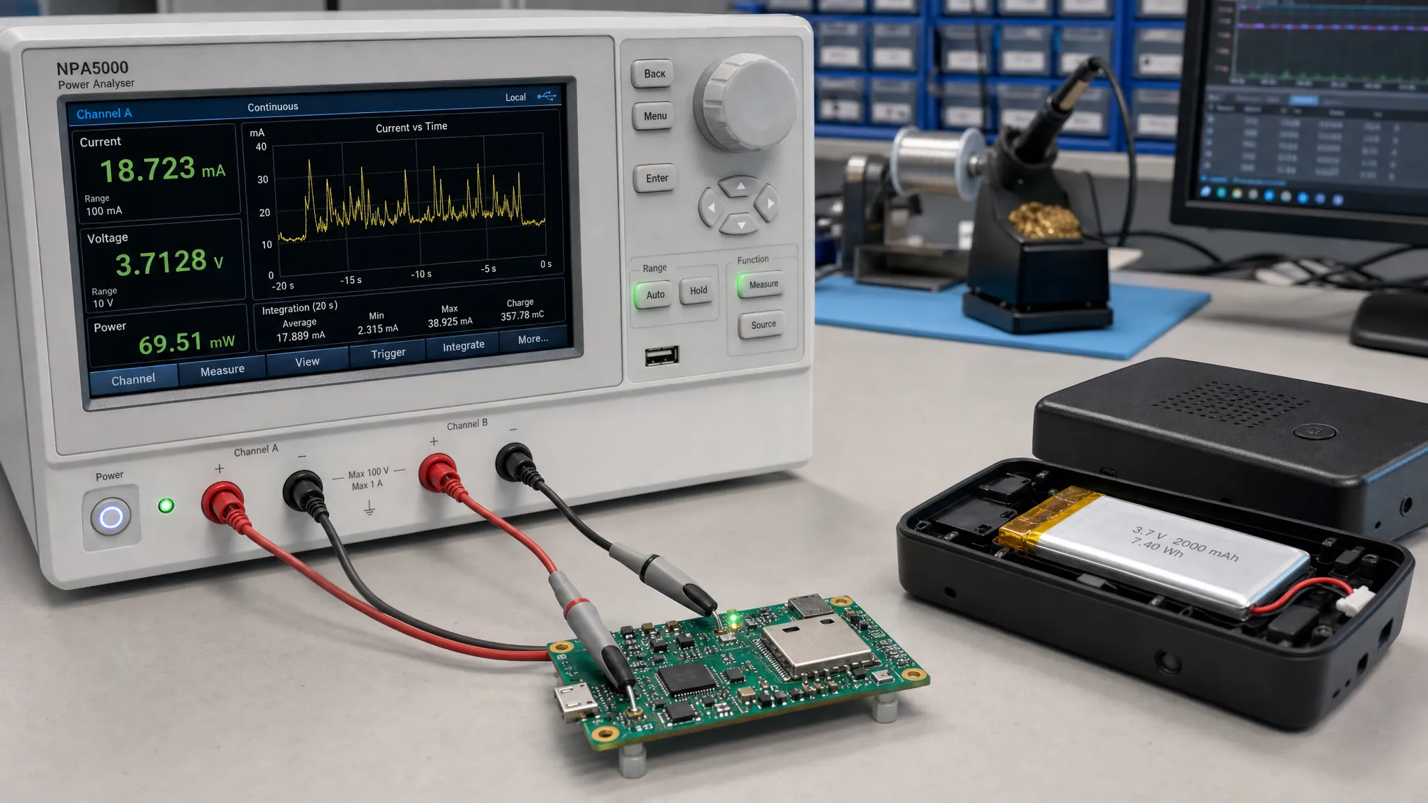 A bench power analyser measures current consumption on a compact embedded PCB, with probes on the power rails and a battery-powered product enclosure placed nearby in a technical lab.