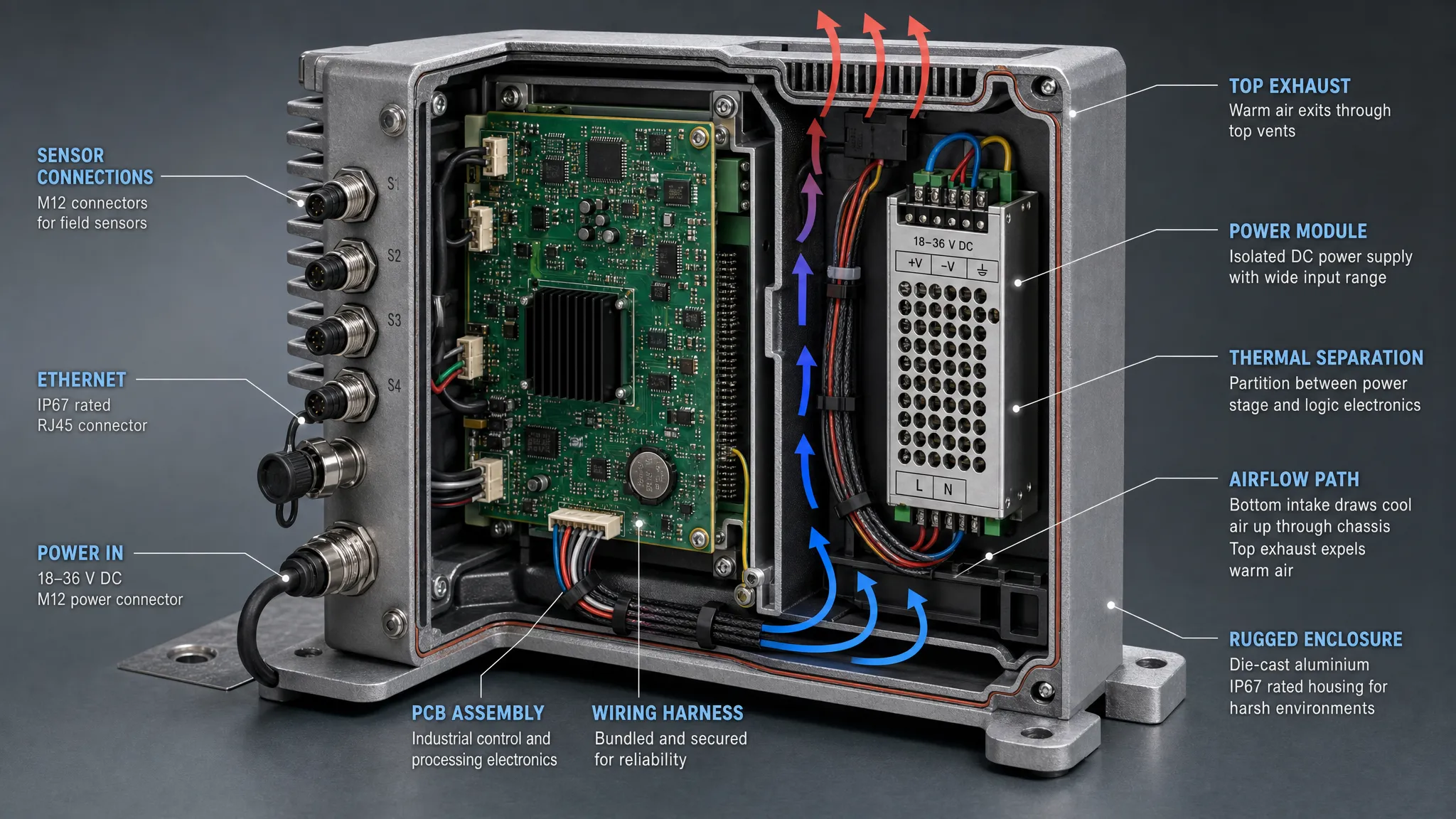 A cutaway view of an industrial OEM device showing a PCB, sensor connections, power module, wiring harness and enclosure airflow path inside a rugged metal housing, with the electronics mounted in a vertical chassis section to show service access and thermal separation.