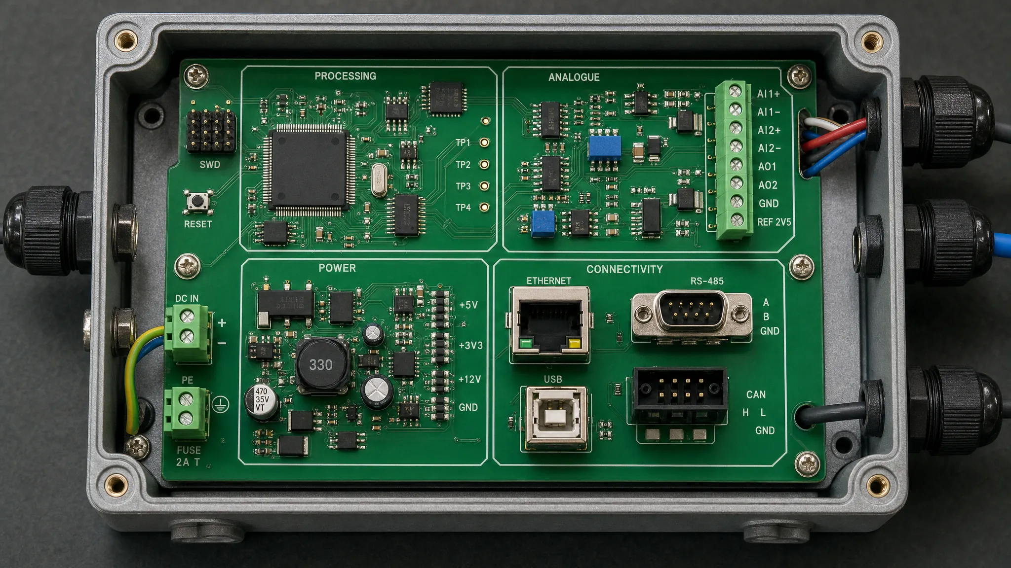A technical embedded electronics assembly showing a custom PCB with distinct processing, analogue, power and connectivity sections integrated inside an industrial enclosure, viewed from above with the cover removed and the board centred in the frame.