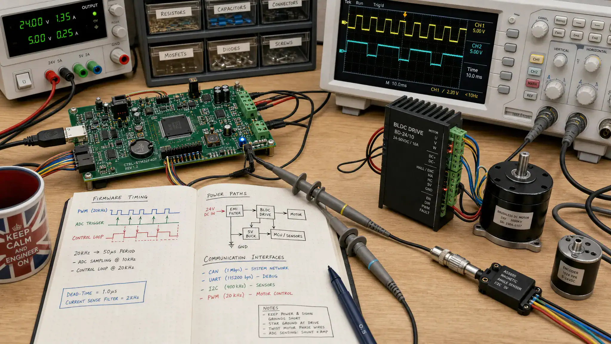 An engineering bench with an embedded controller PCB, oscilloscope probes, a compact motor drive module, sensor cables and handwritten co-design notes showing firmware timing, power paths and communication interfaces.