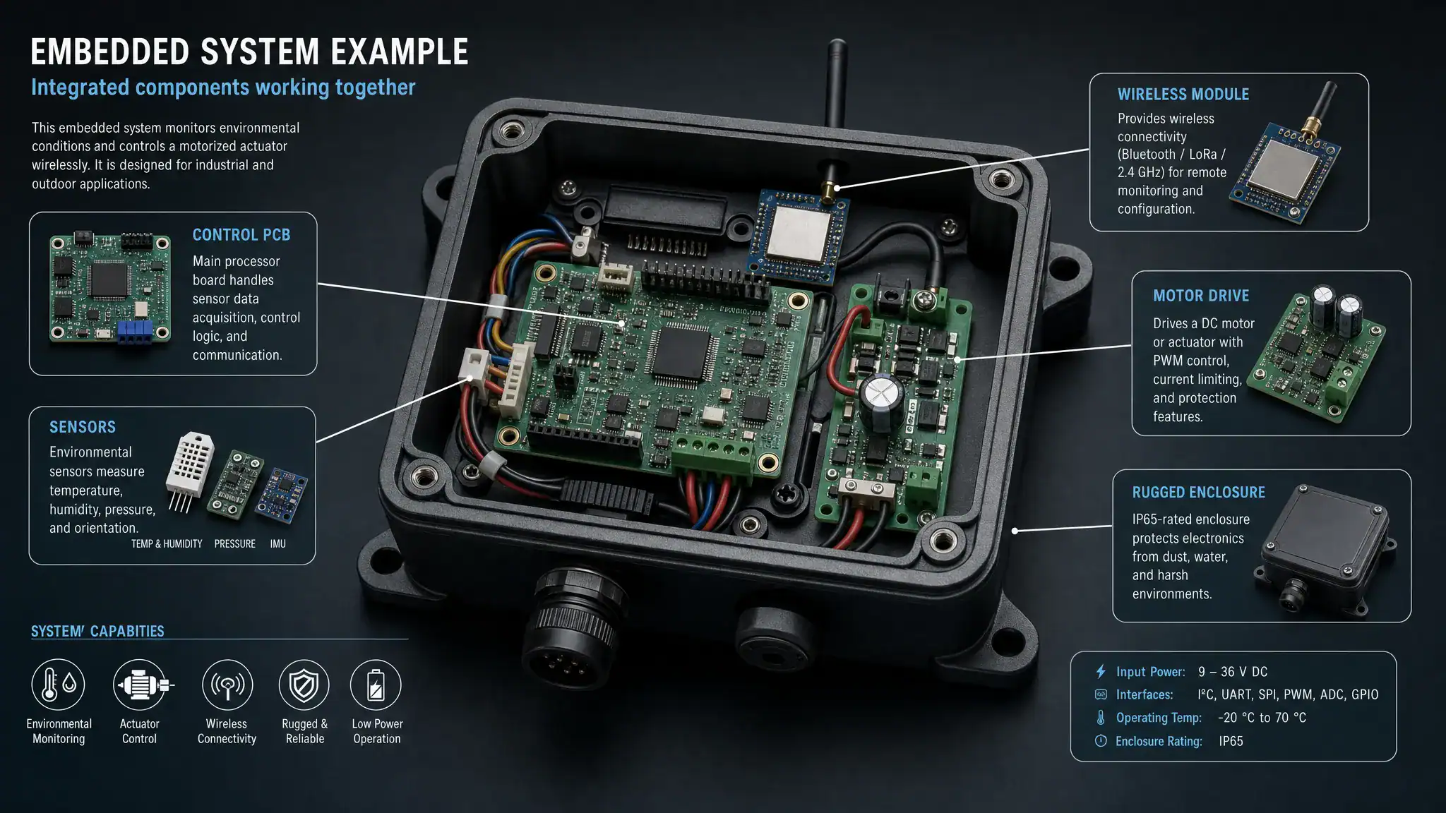 Embedded device examples in modern electronics, including a compact control PCB, sensors, a motor drive, wireless module and rugged enclosure arranged as parts of one integrated product.
