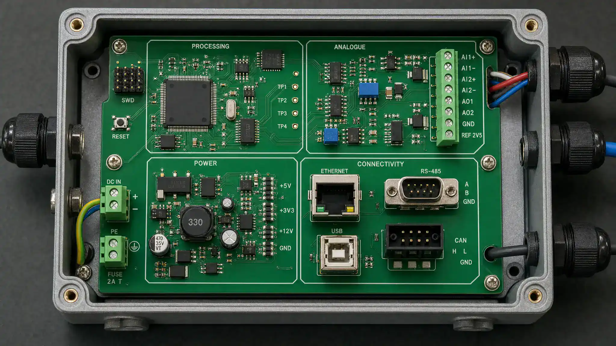 engineer reviewing PCB assembly documentation and test access