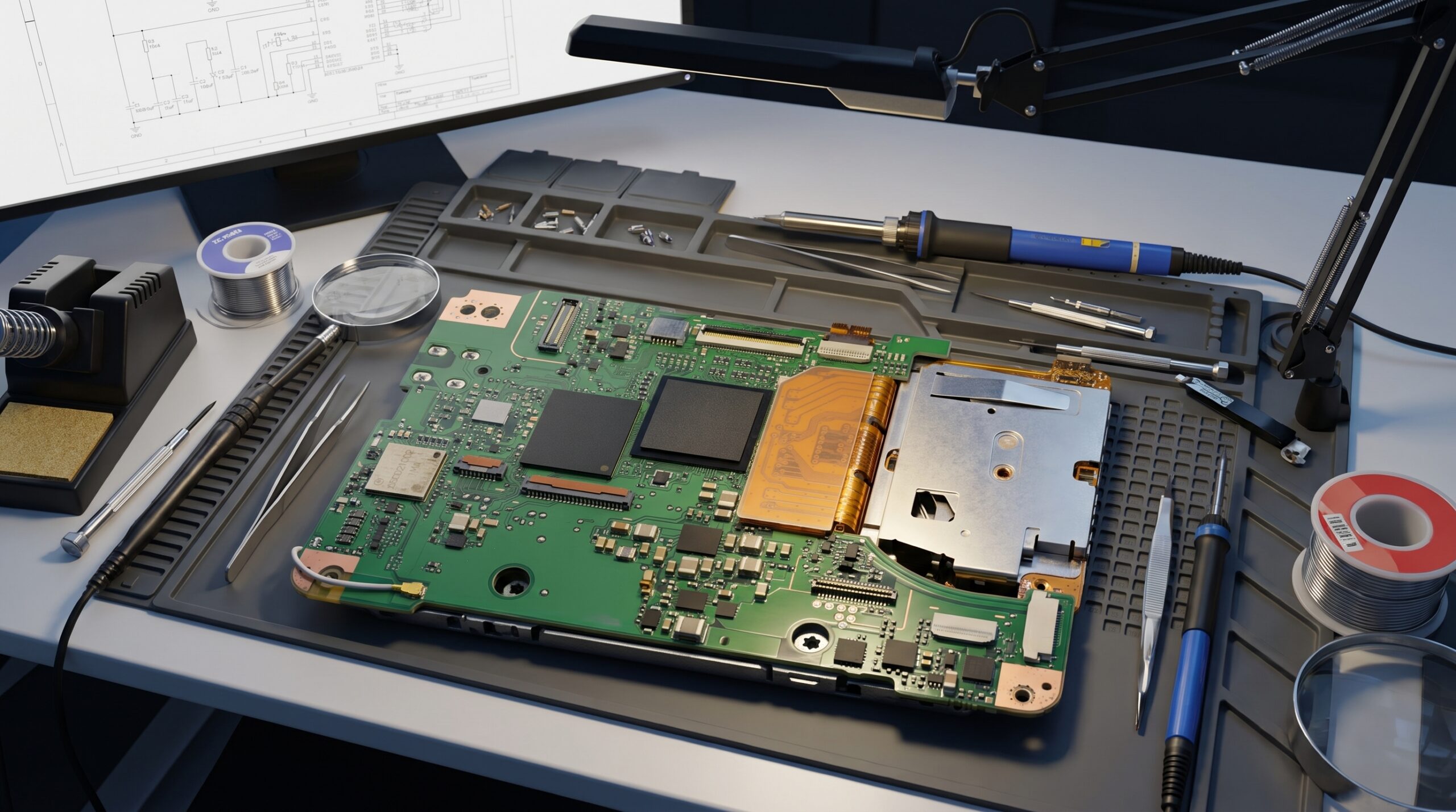Engineers reviewing a PCB layout for EMC-sensitive component placement