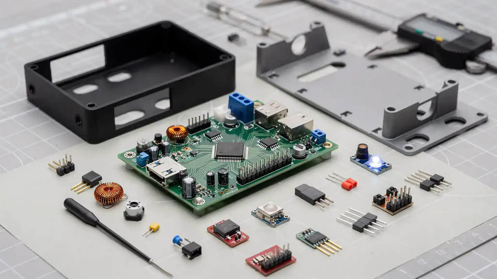 Engineers reviewing a prototype printed circuit board assembly during validation testing