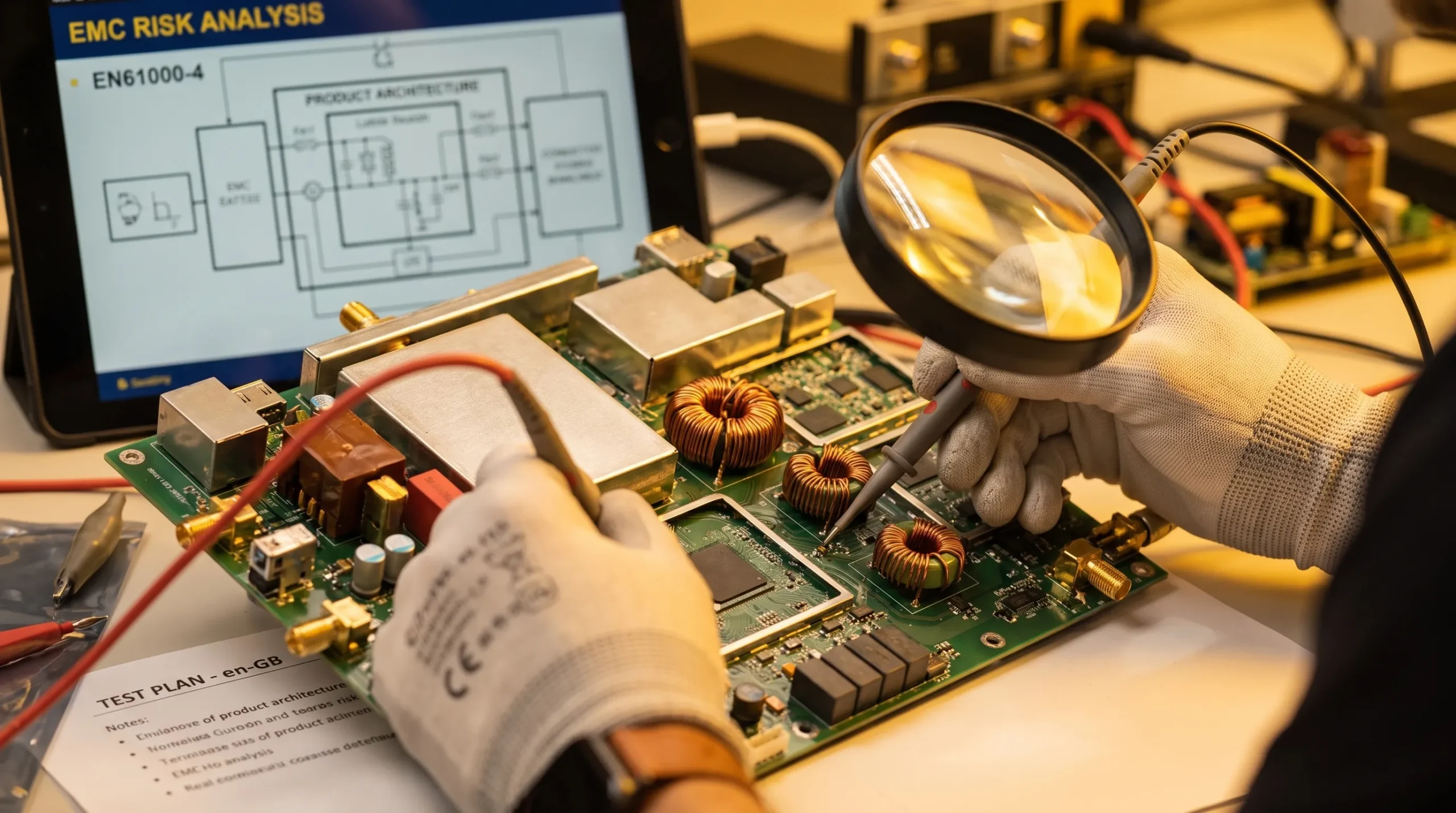 engineers reviewing an electronic product architecture for EMC risks