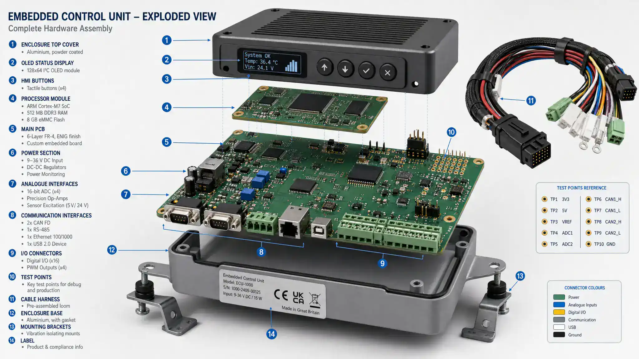 Production test fixture connected to a printed circuit board assembly in a pilot build