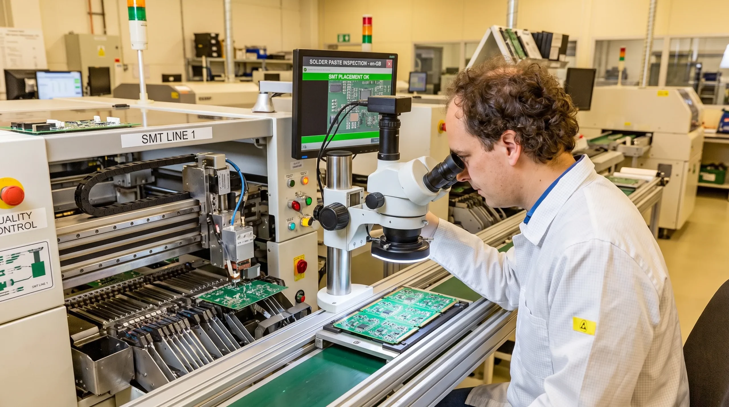 Engineer inspecting solder paste and SMT placement on an electronics assembly line