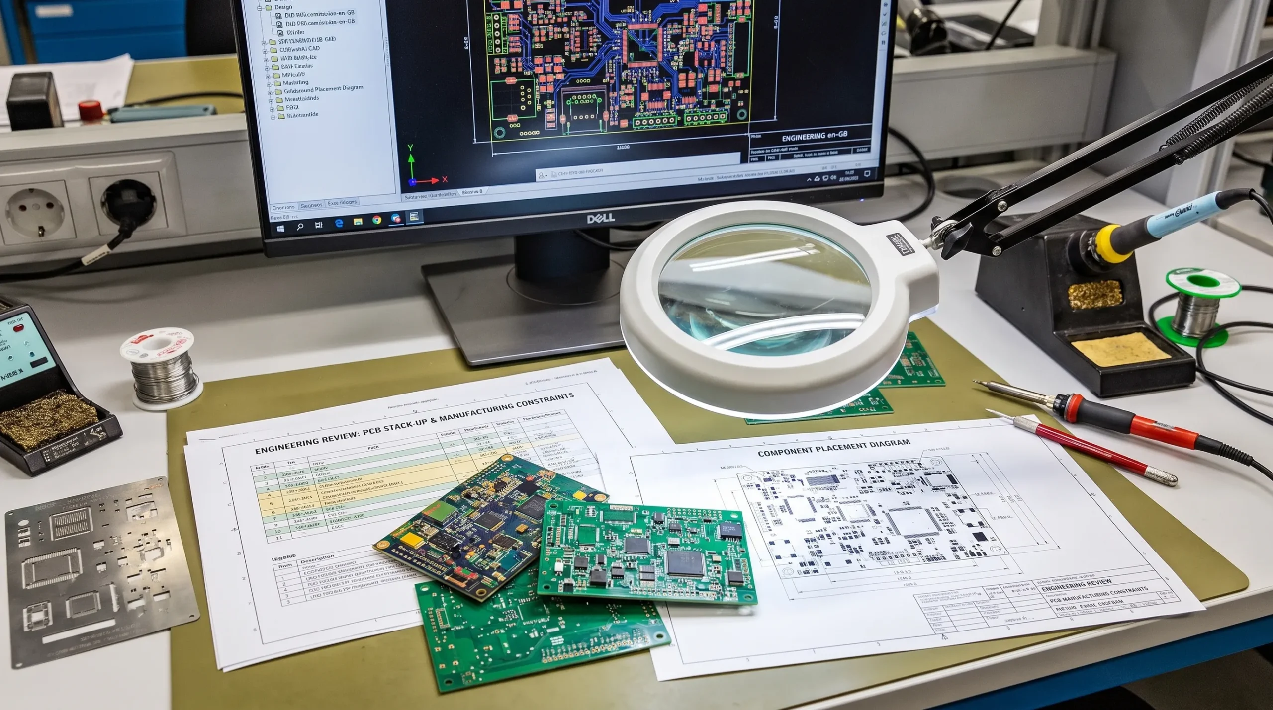 Engineering review of PCB stack-up, component placement and manufacturing constraints