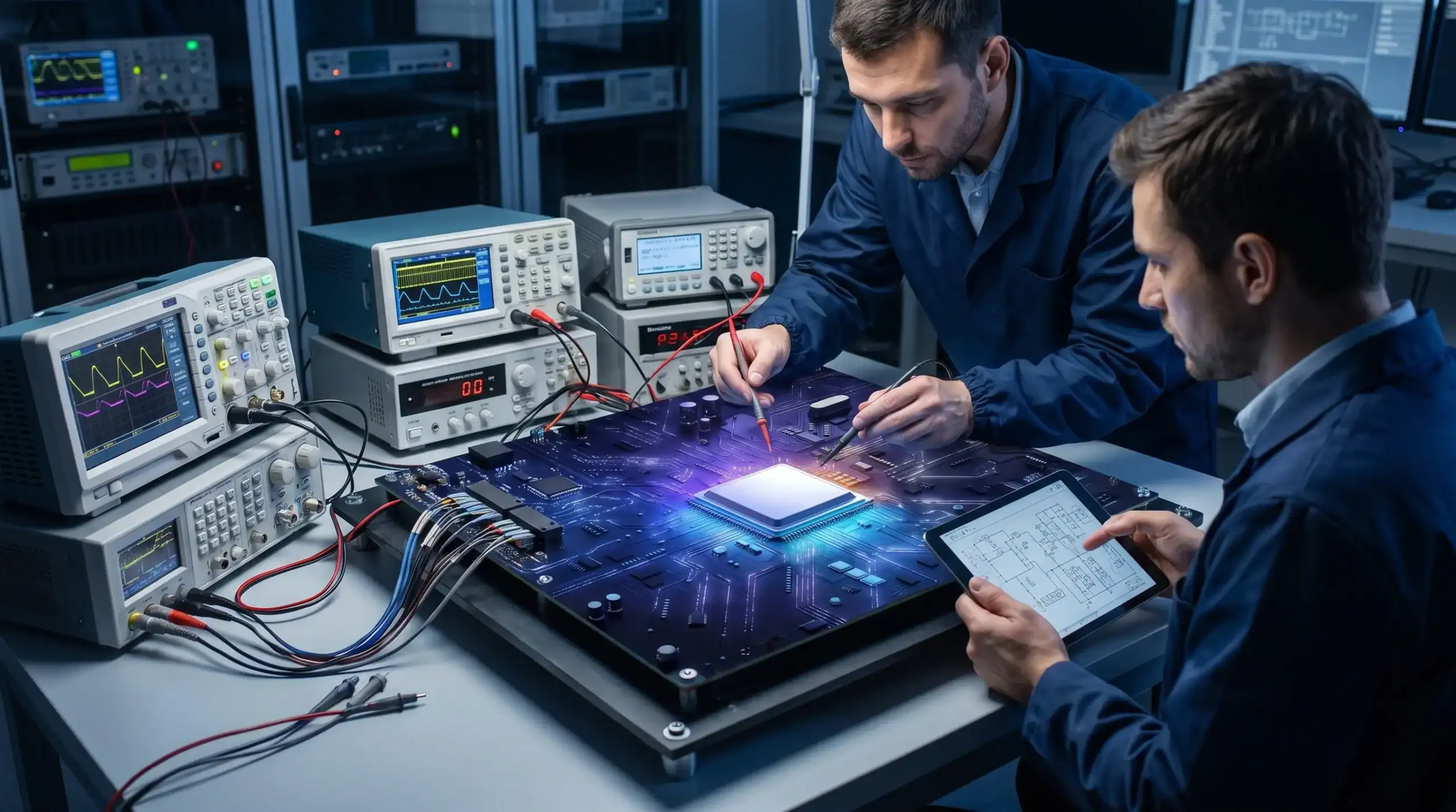 Engineers reviewing an industrial embedded motor drive PCB and connected test equipment