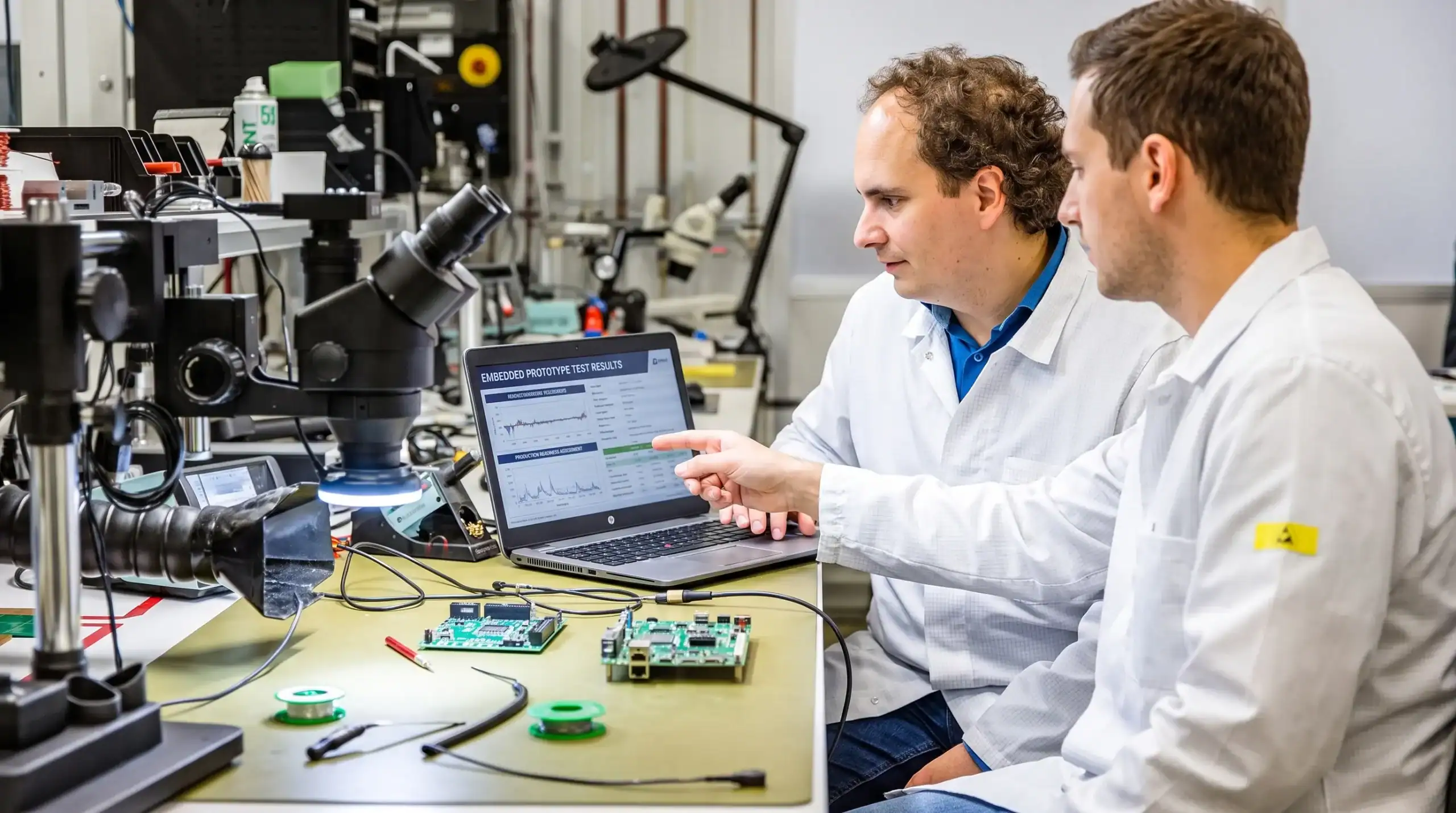 engineers reviewing embedded electronics prototype test results for production readiness