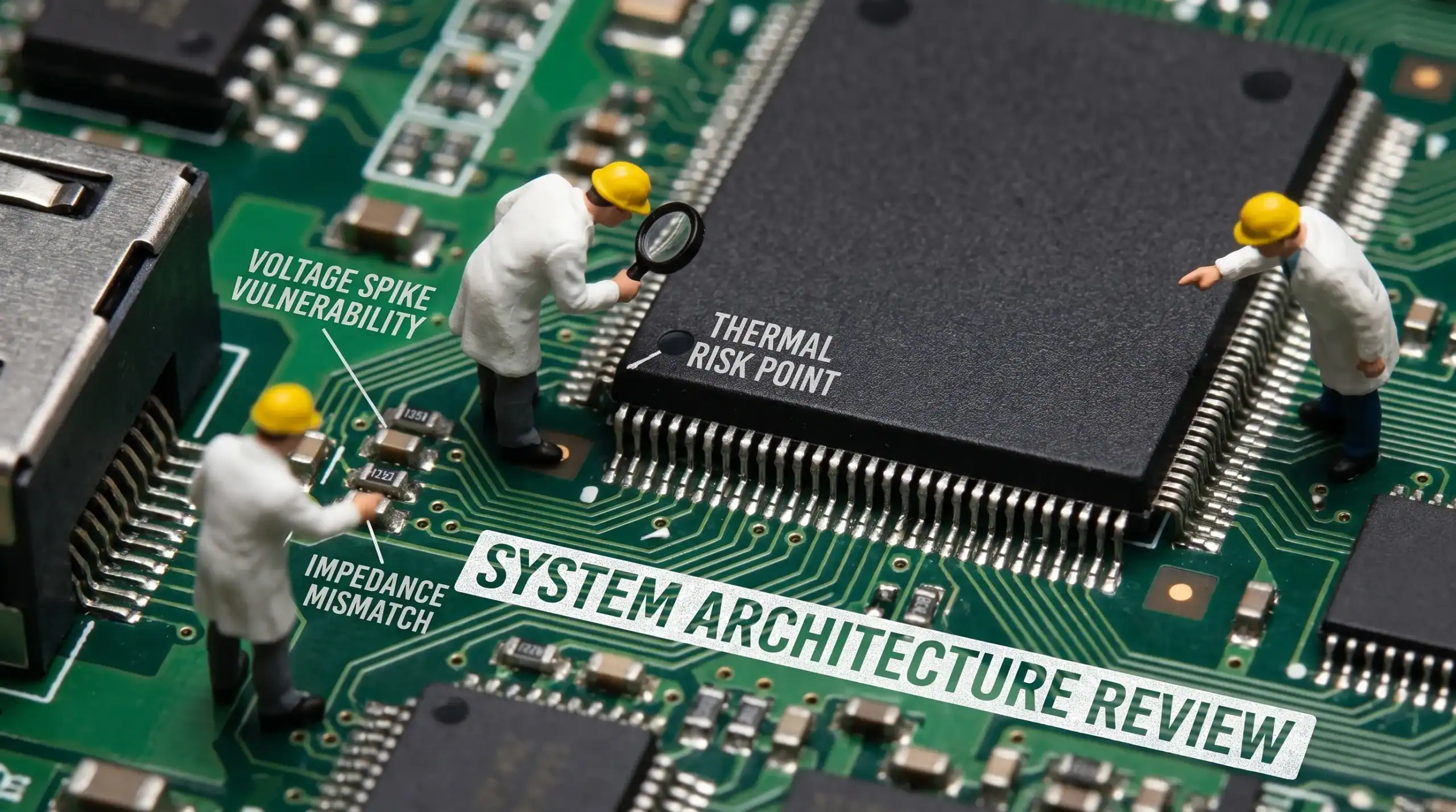 engineers reviewing embedded system architecture and PCB risk points