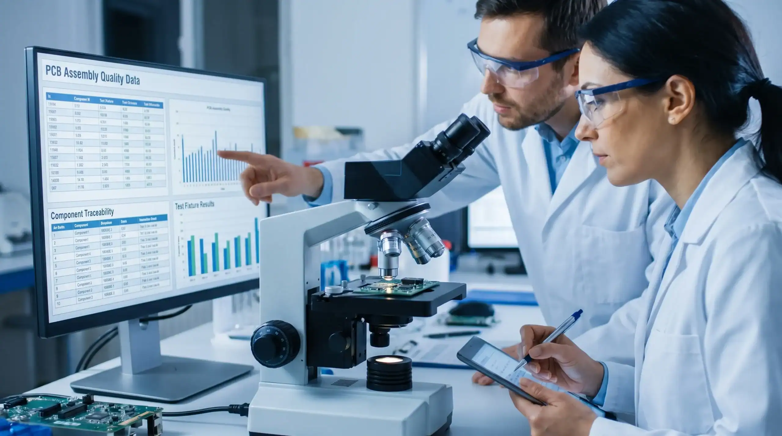 Engineers reviewing PCB assembly quality data, component traceability and test fixture results