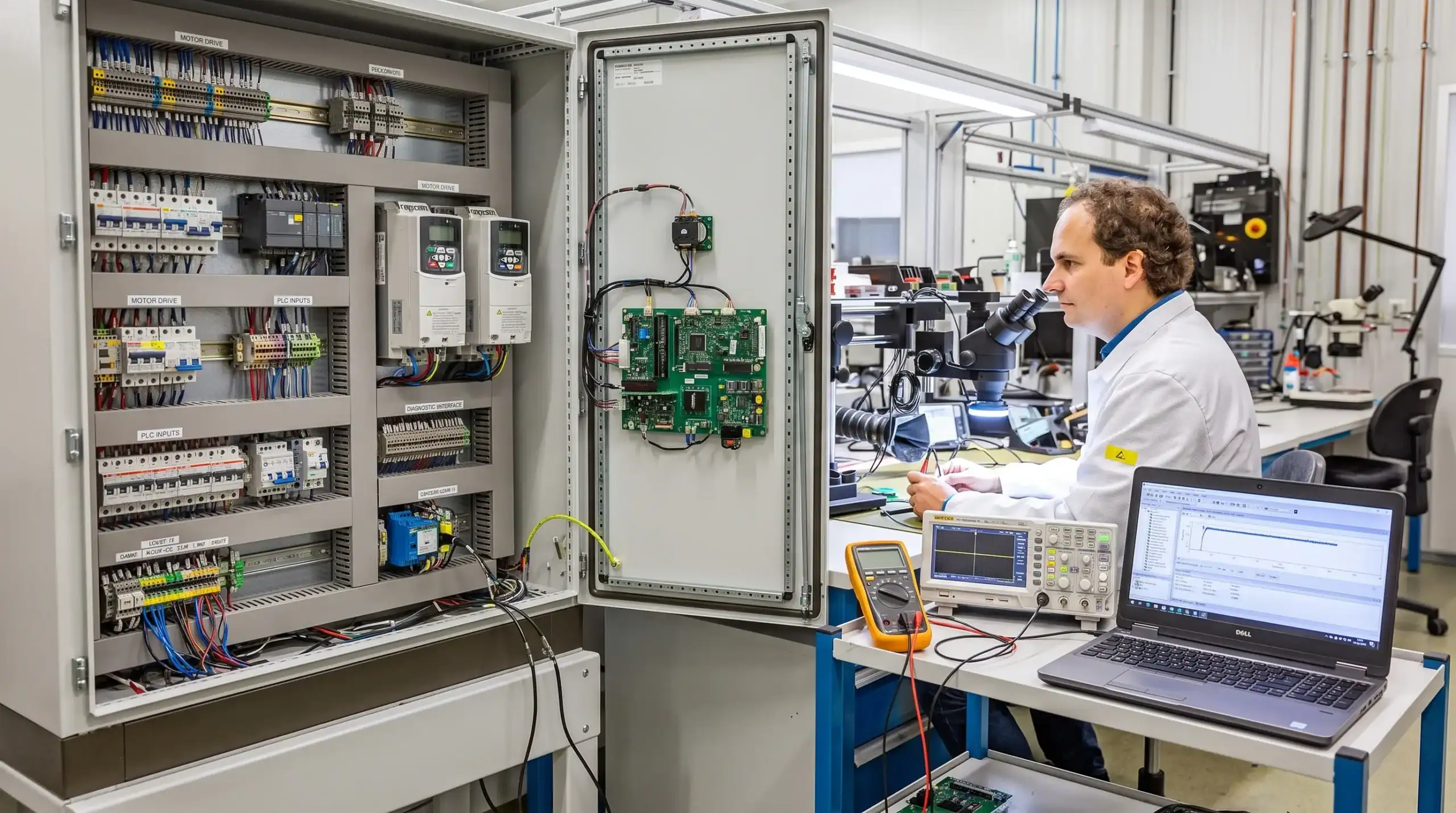 Industrial machine control cabinet with embedded electronics, motor drive wiring and diagnostic equipment