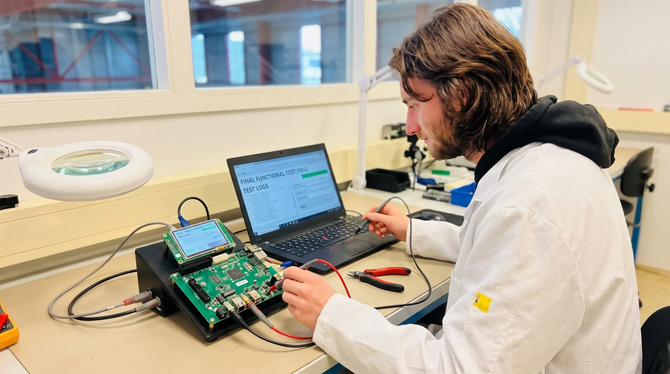 Technician performing final functional testing on an assembled embedded electronics product