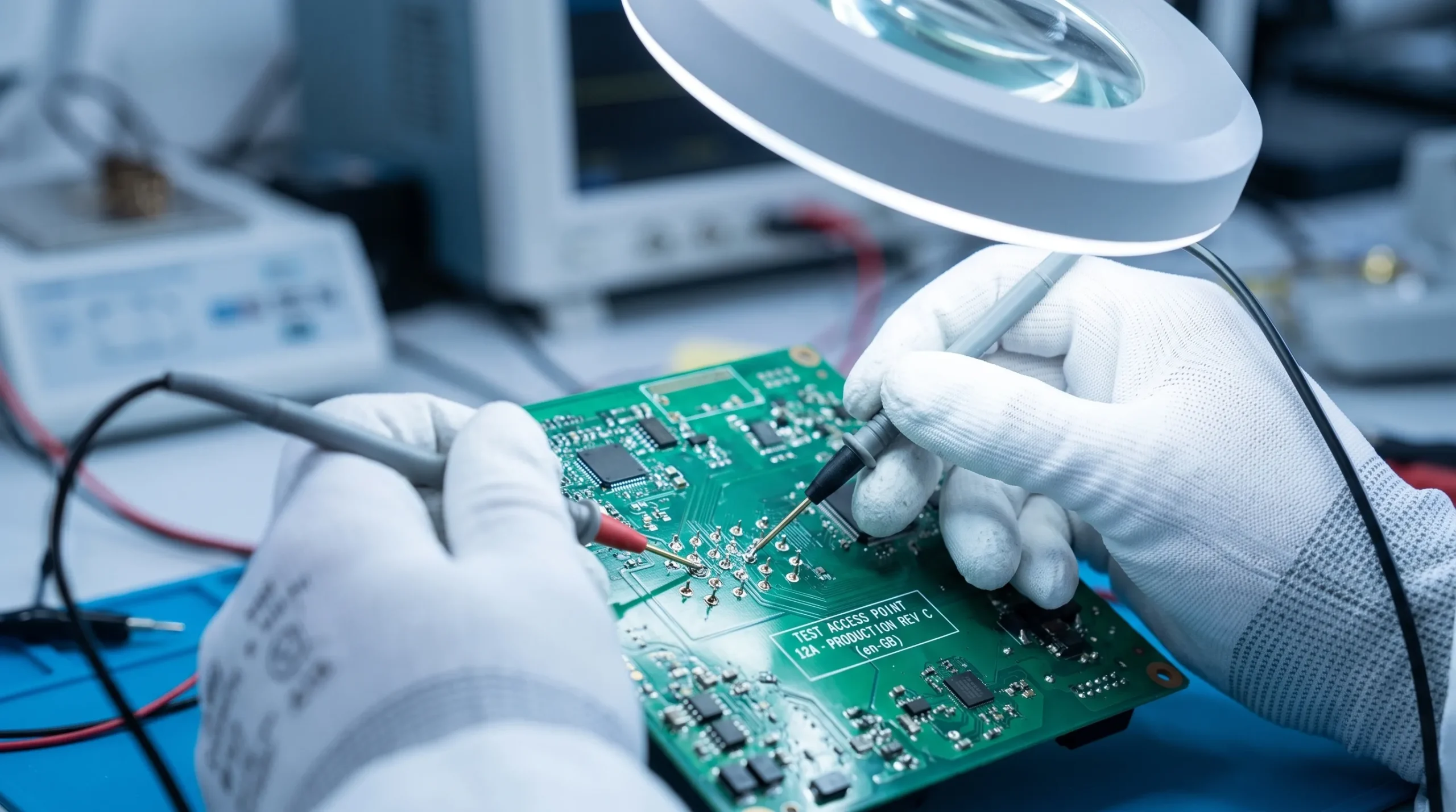Technician preparing test access and inspection points for a production PCB assembly