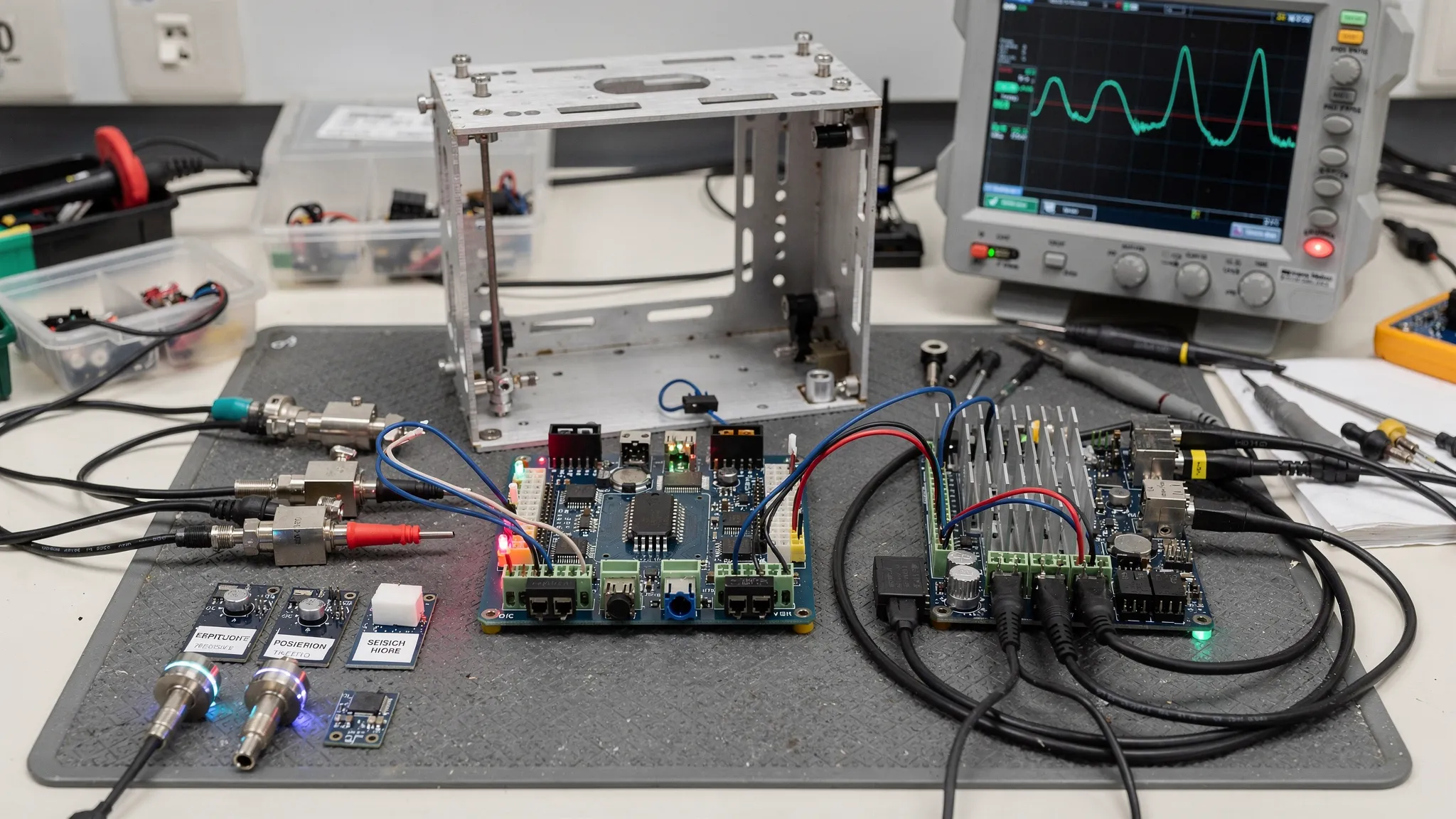 An engineering workbench with an embedded control board, connected sensors, motor drive electronics, measurement probes and a mechanical enclosure prototype arranged together to show integrated product development.
