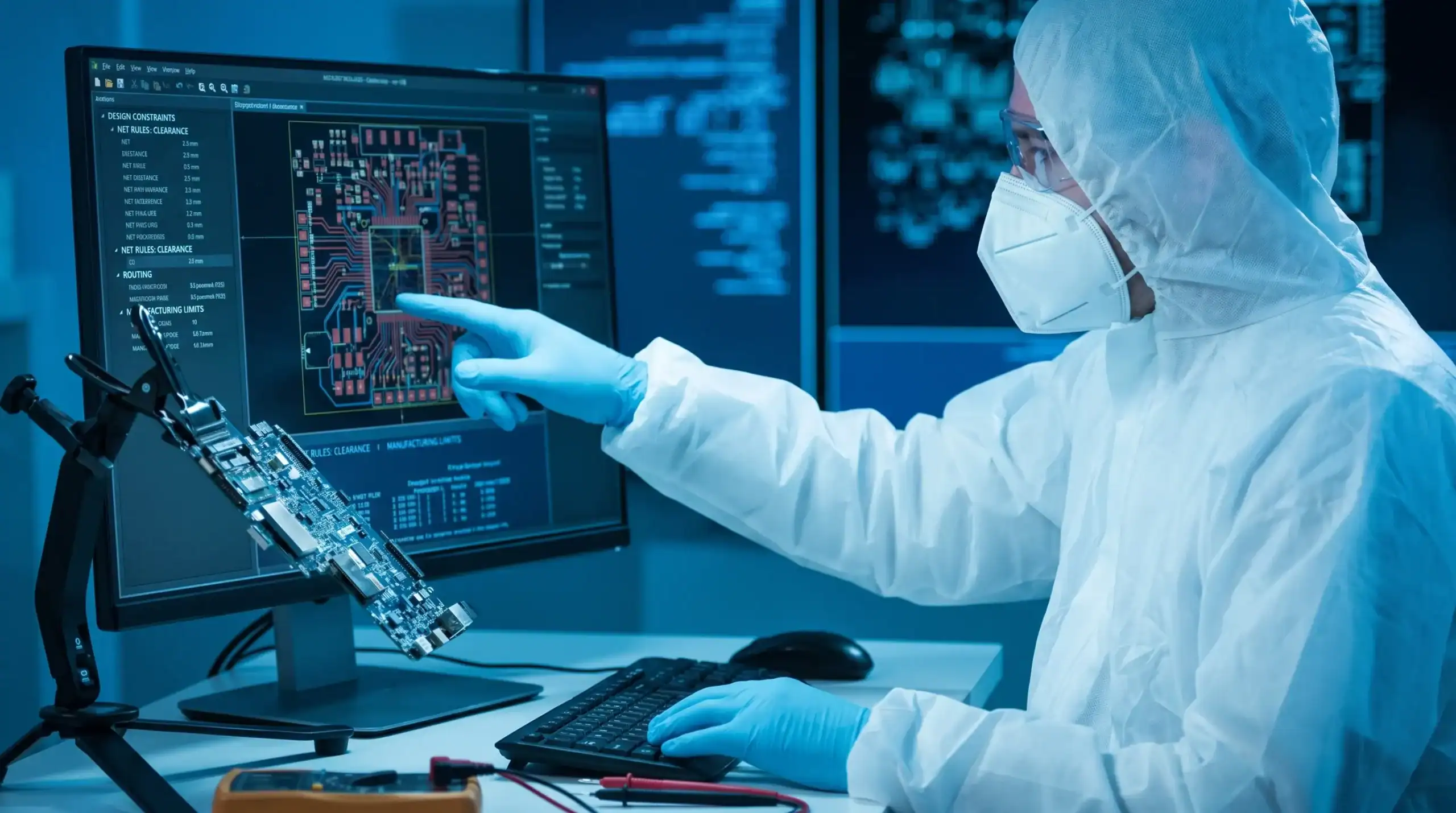 Engineer reviewing PCB CAD design constraints on a complex embedded electronics layout