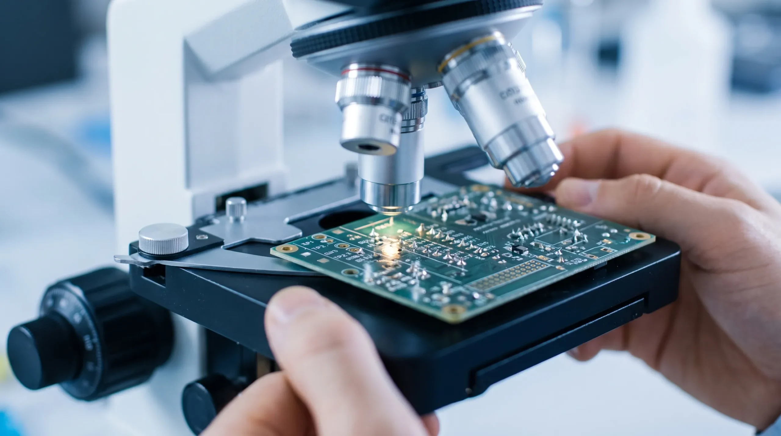 Engineer reviewing through-hole solder joints and test points on a production-ready PCB