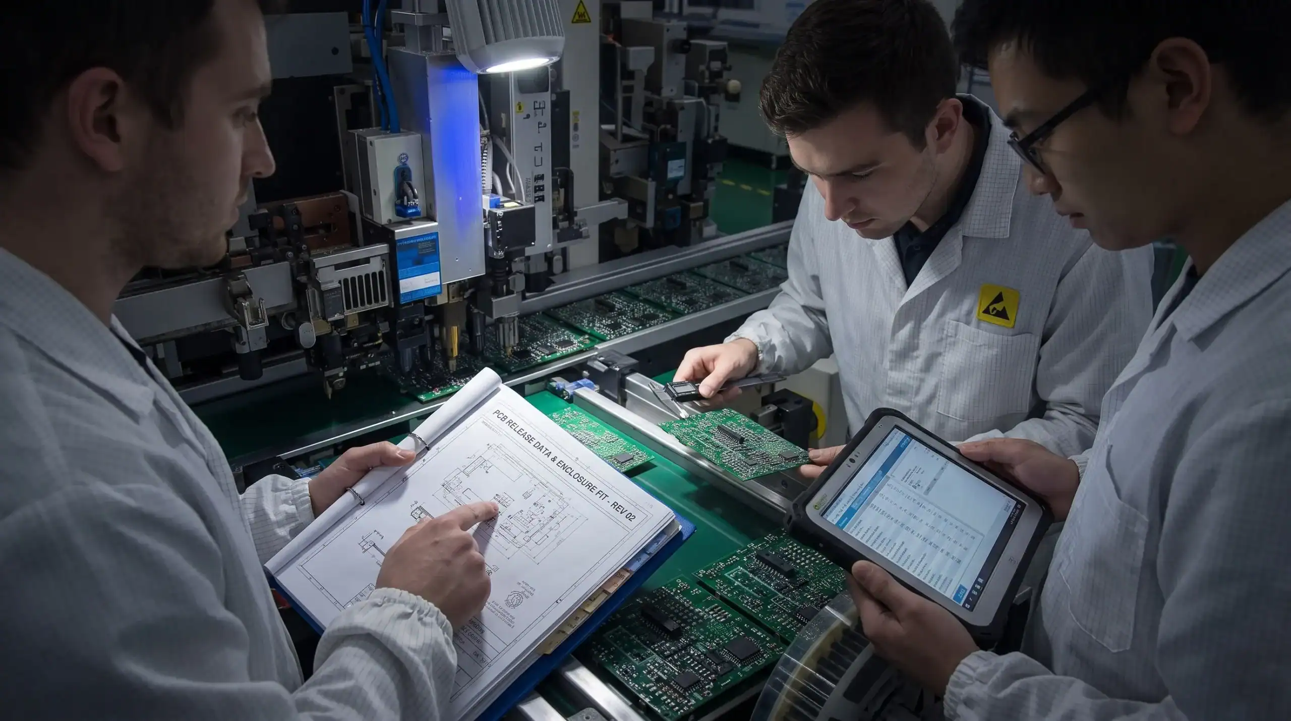 Technical team reviewing PCB release data, enclosure fit and manufacturing documentation
