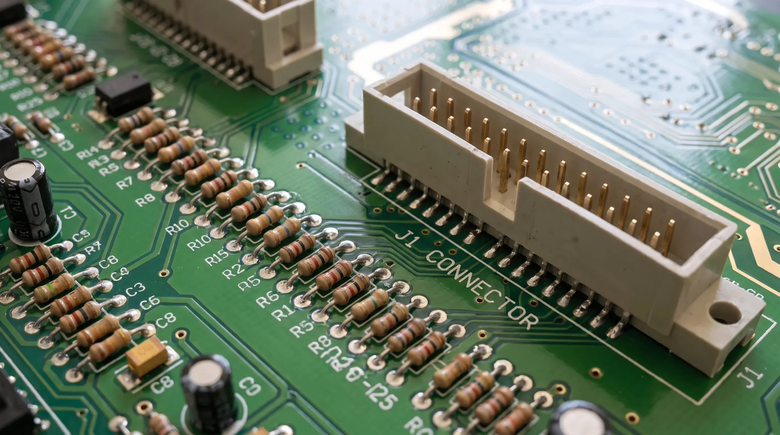 Through-hole components and connectors on a mixed technology circuit board for industrial electronics