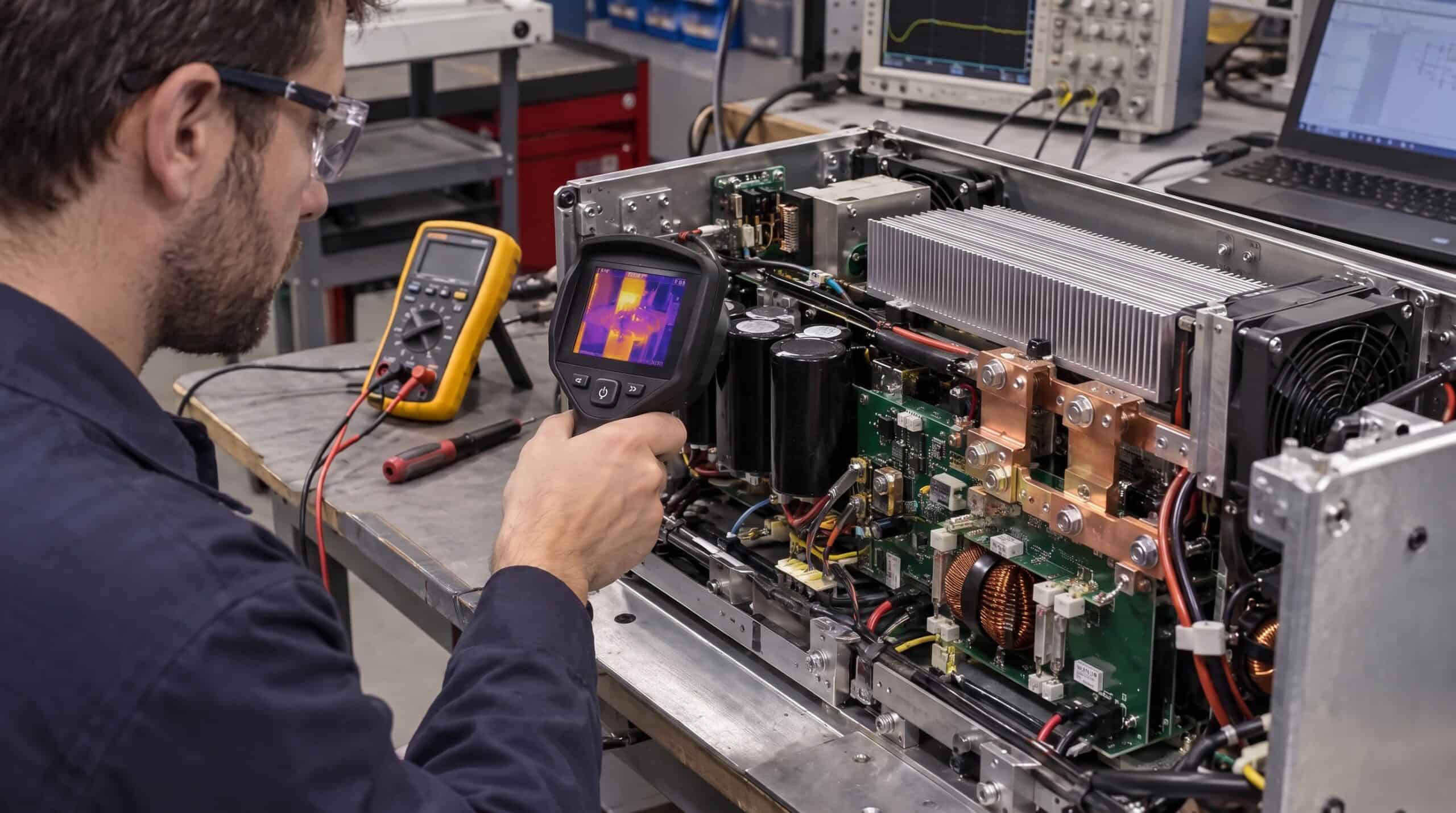 an-engineer-uses-a-thermal-camera-to-inspect-a-pow-2ad96b2d-1791271039820 An engineer uses a thermal camera to inspect a powered circuit board with copper busbars, heat sinks and components, assessing heat and current capacity.